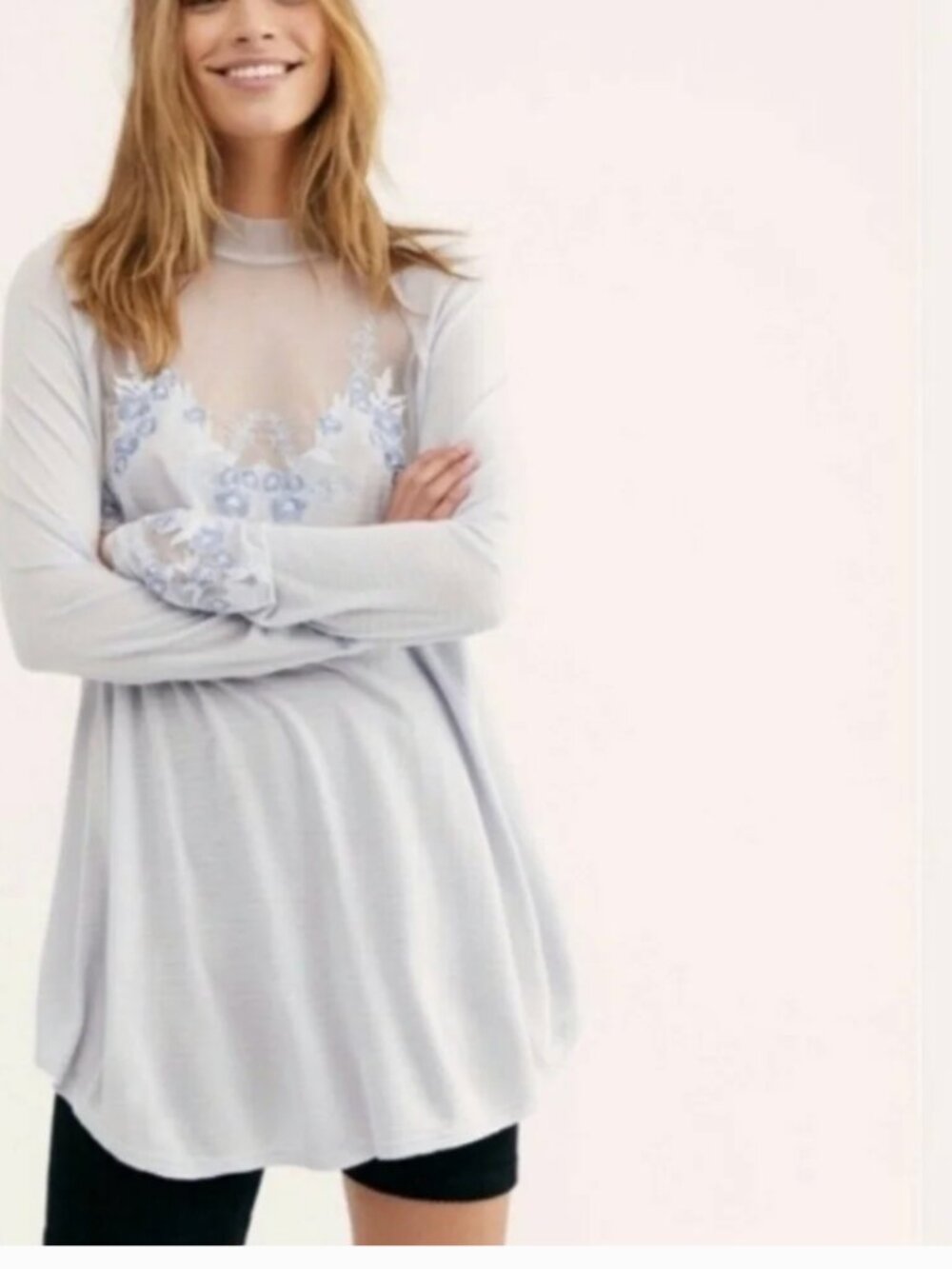 NWT Free People Saheli Blue Mesh Floral Tunic Sz S